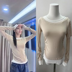 迪麗熱巴スターの同じ色のカーキ色は長袖の底のシャツの偽の2つの上着の女性の秋のデザイン感のtシャツをつなぎ合わせます。