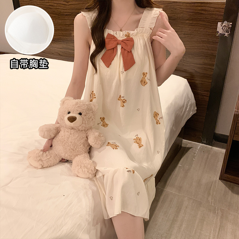 2025 pijamas de verano de niñas sin mangas de encaje dulce vestido de pijama nubes de algodón cinturón cojín de pecho flor triturada dulce ropa de viento para el hogar