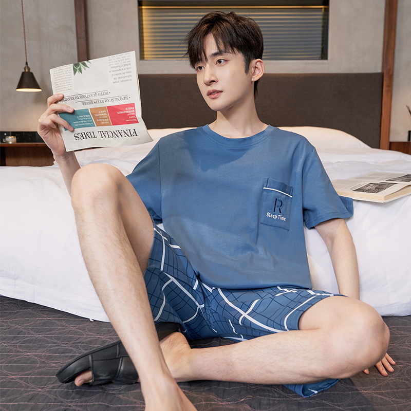 Pijama de algodón de los hombres de verano cortos de manga corta de algodón de alta calidad Juventud más tamaño de verano Plaid