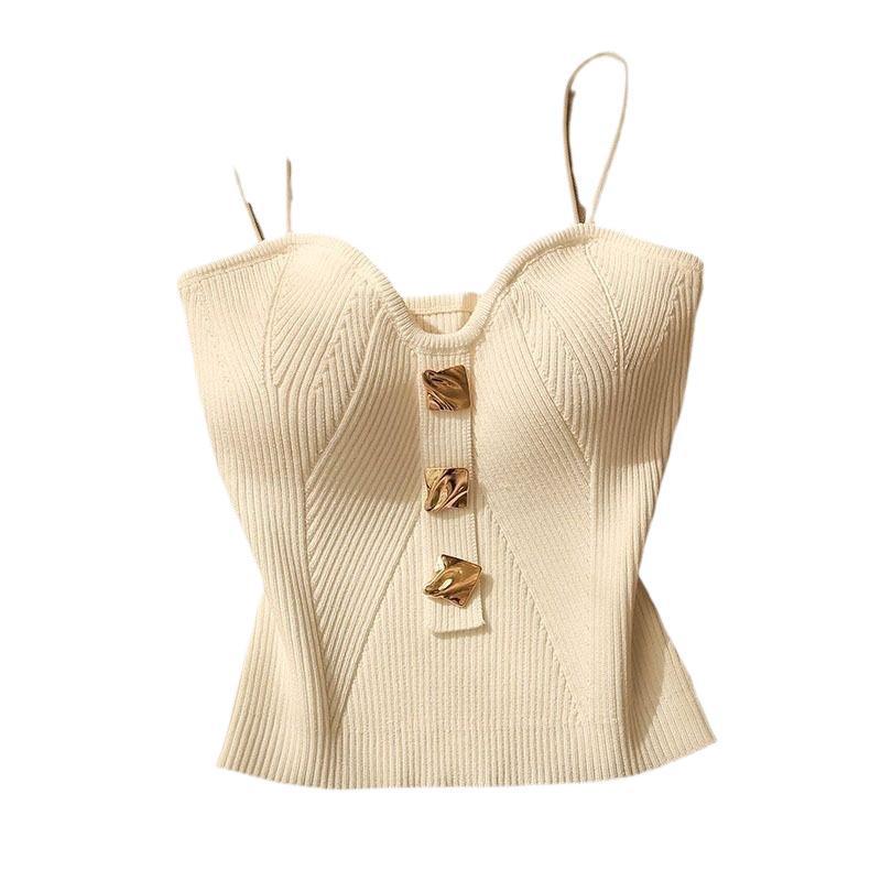 2025 verano nuevo estilo de alta calidad pequeño viento fragante de punto de tela de pecho chaleco con mujer sin mangas hermosa camisa corta
