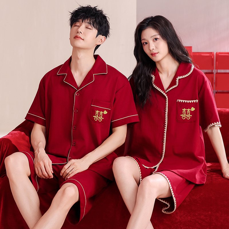 Couple's Red Pajama Set for Newlyweds, Summer Short-Sleeve Pure Cotton Loungewear, Festive Wedding and Zodiac Year Cardigan for Men and Women Couple's Red Pajama Set for Newlyweds, Summer Short-Sleeve Pure Cotton Loungewear, Festive Wedding and Zodiac Year Cardigan for Men and Women