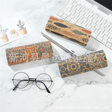 商务复古喷绘太阳复古眼镜盒收纳皮革时尚木屑纹LOGO学生镜盒子