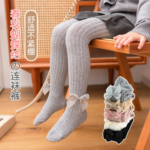 Cross-border supply large bow straight bar children's pantyhose spring and autumn thin large PP baby infant base socks and pants