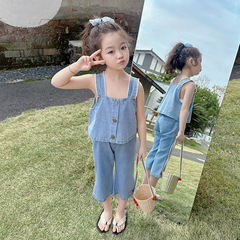 兒童套裝夏裝女童洋氣2024新款女孩寶寶衣服牛仔背心吊帶兩件套潮