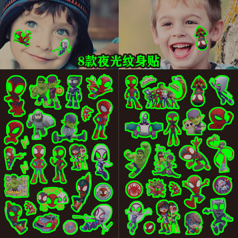 8 Luminous Spider-Man and His Amazing Friends Cartoon Tattoo Stickers Children's Water Transfer Disposable Tattoos