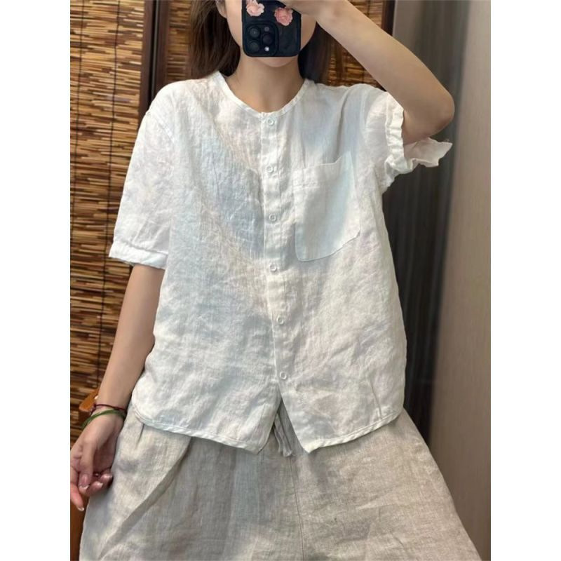 2025 Cotton Linen Short-sleeved Round Neck Shirt Women's Summer New Retro Artistic Loose All-match Age-reducing Cardigan Top