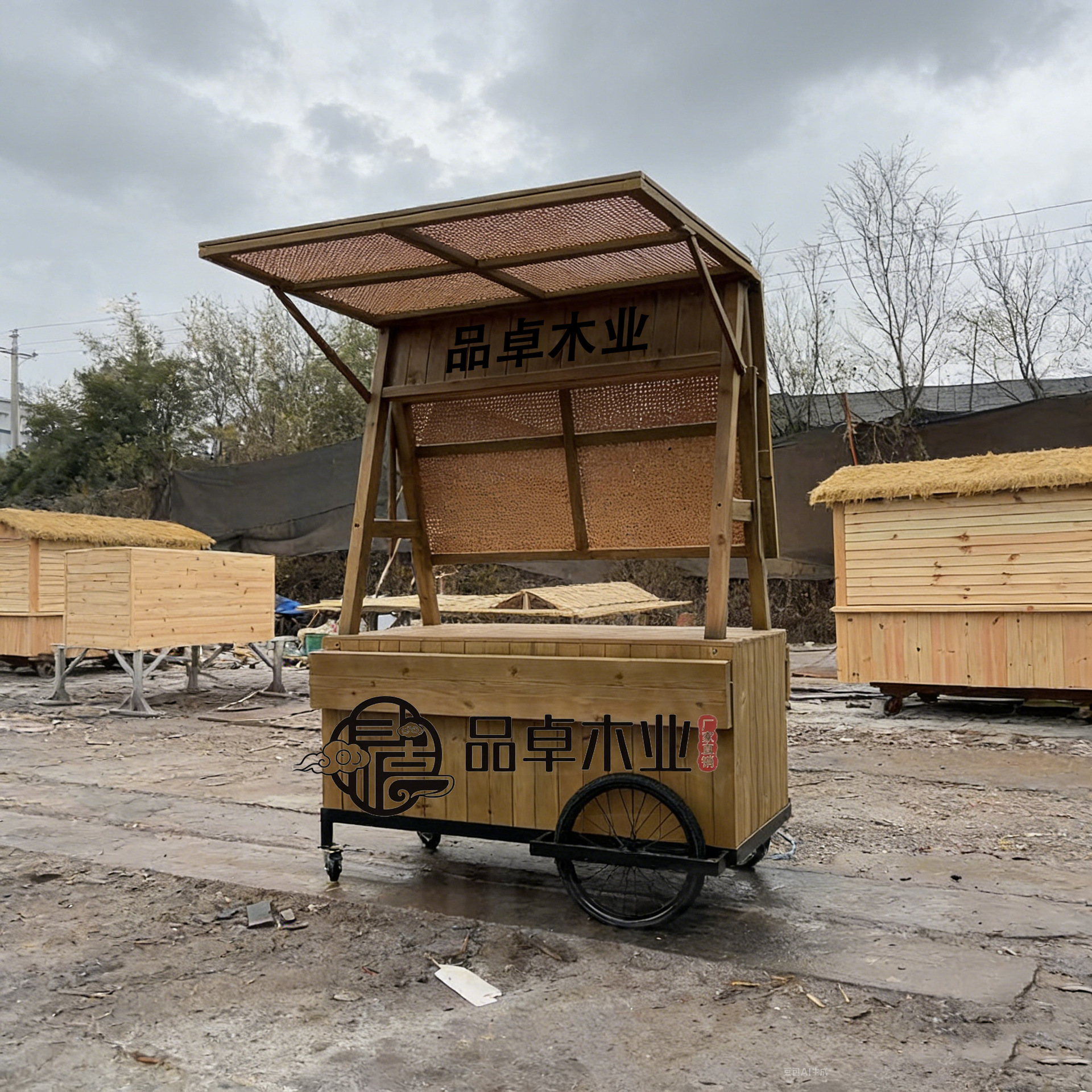 定制户外木质咖啡车网红餐车摆摊车移动货郎车新国风文创展示推车