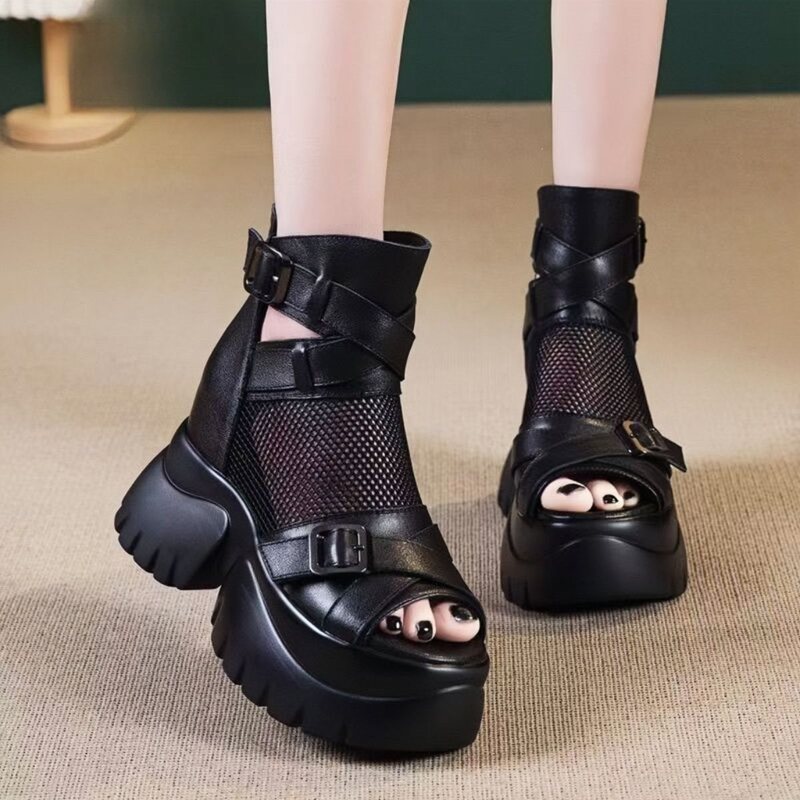 Soft Leather High-Heeled Fish-Mouth Cut-Out Short Boots, Summer 2025 New Style, Platform Thick-Soled Sandals for Outdoor Wear, Roman Women's Sandals Soft Leather High-Heeled Fish-Mouth Cut-Out Short Boots, Summer 2025 New Style, Platform Thick-Soled Sandals for Outdoor Wear, Roman Women's Sandals