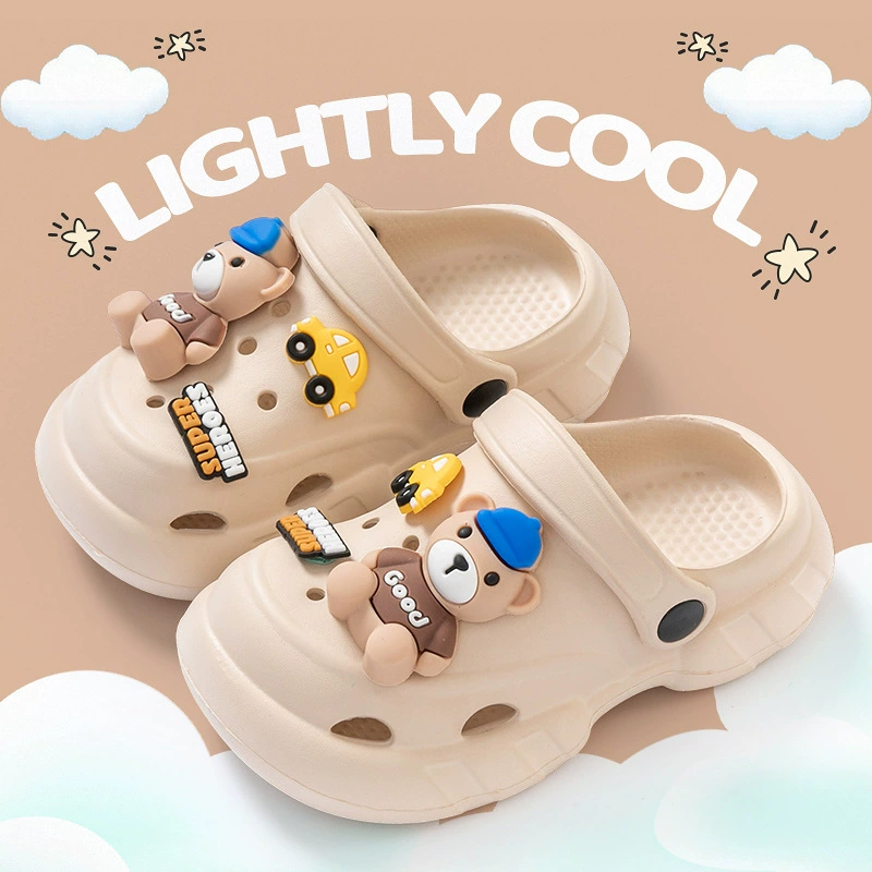 Детские летние нескользящие детские туфли Crocs с мультяшным медведем на толстой подошве для мальчиков и девочек, для дома и улицы.