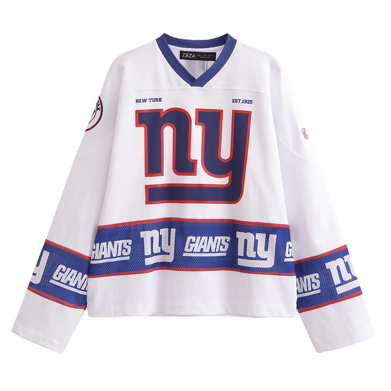 Cross-Border Export New T-Shirt Long-Sleeved Jersey Retro V Neck Loose Top Men's Printed American Hip-Hop Breathable