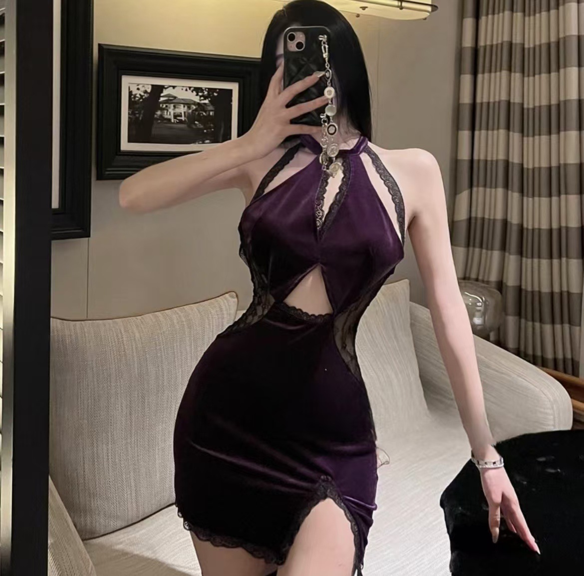 Hollow-Out Halter Cheongsam Costume Set with Purple Stockings, Polyester Uniform Pajamas — detail image 2