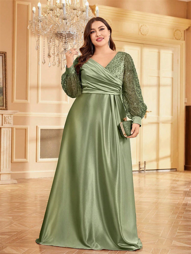 ChicShe Cross-Border Neues elegantes Plus-Size-Kleid aus Satin mit Pailletten, langen Ärmeln, V-Ausschnitt, schmal geschnitten, für Brautjungfern, Bankette und Abendveranstaltungen_voghion.com