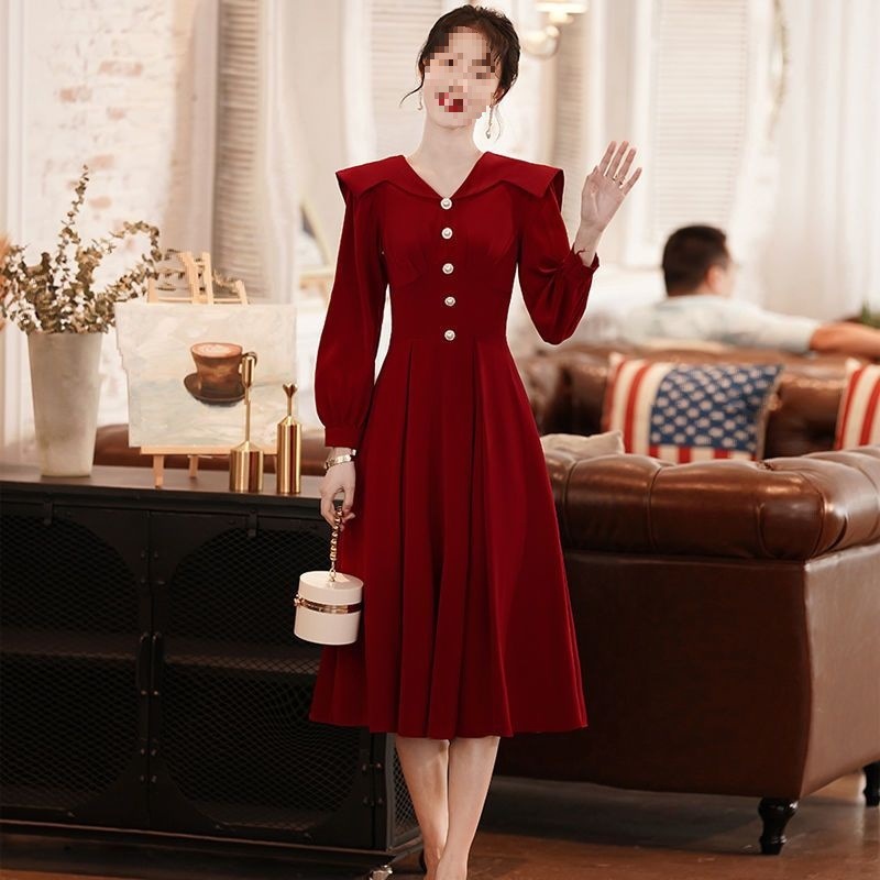 中长款女宴会订婚礼服连衣裙回门新娘长袖敬酒服结婚秋季红色裙子|undefined