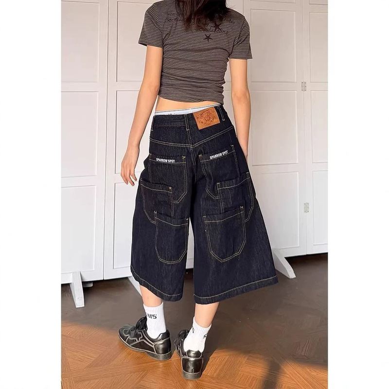 American Retro Original Color Denim Straight-Leg Denim Shorts for Men and Women with Multi-Pocket Design, Loose Wide-Leg Shorts