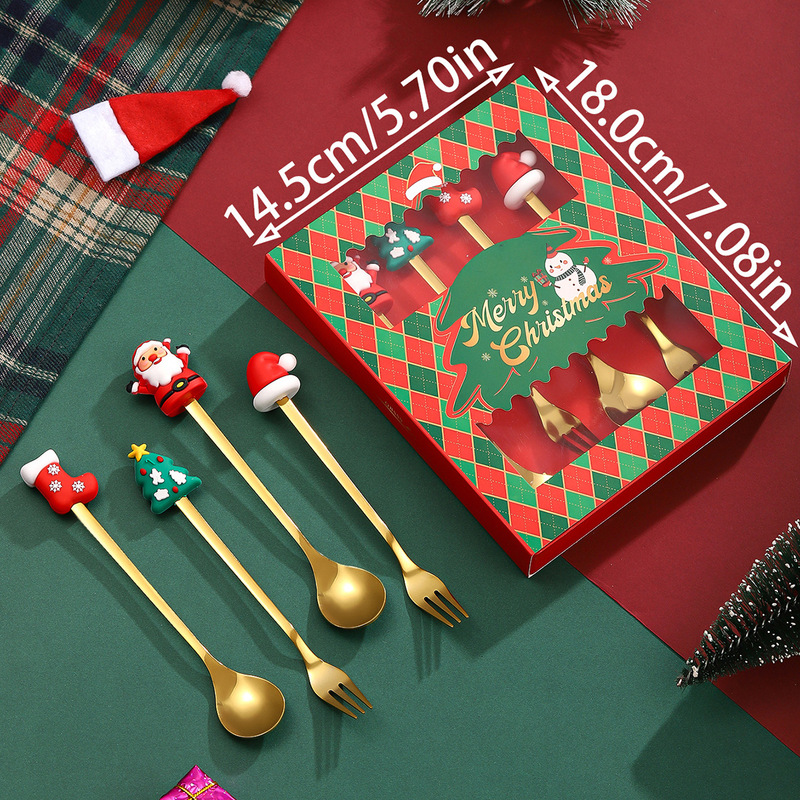 クリスマススプーンとフォーク6点セット漫画人形デザートコーヒースプーンステンレス鋼食器フルーツフォーククリスマスホリデーギフト|undefined