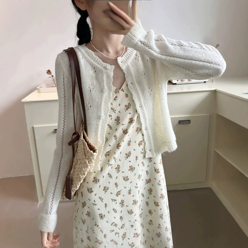 Sweet, Gentle, and Cute Lace Hollow-Out Knitted Cardigan for Women, Spring Korean Style Simple Solid Color Long-Sleeve Top