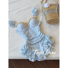 【奶蓝】清爽高级少女遮肉显瘦保守度假钢托款聚拢沙滩泡温泉泳衣