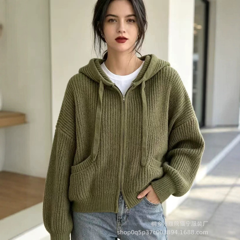 Korean-style loose-fitting solid color hooded cardigan sweater, new autumn and winter casual simple style knit top for women