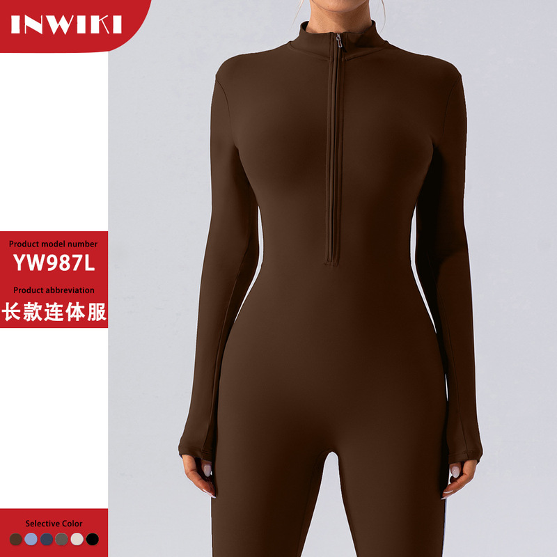 European and American zipper nude long-sleeved yoga jumpsuit women's sports fitness training dance one-piece jumpsuit