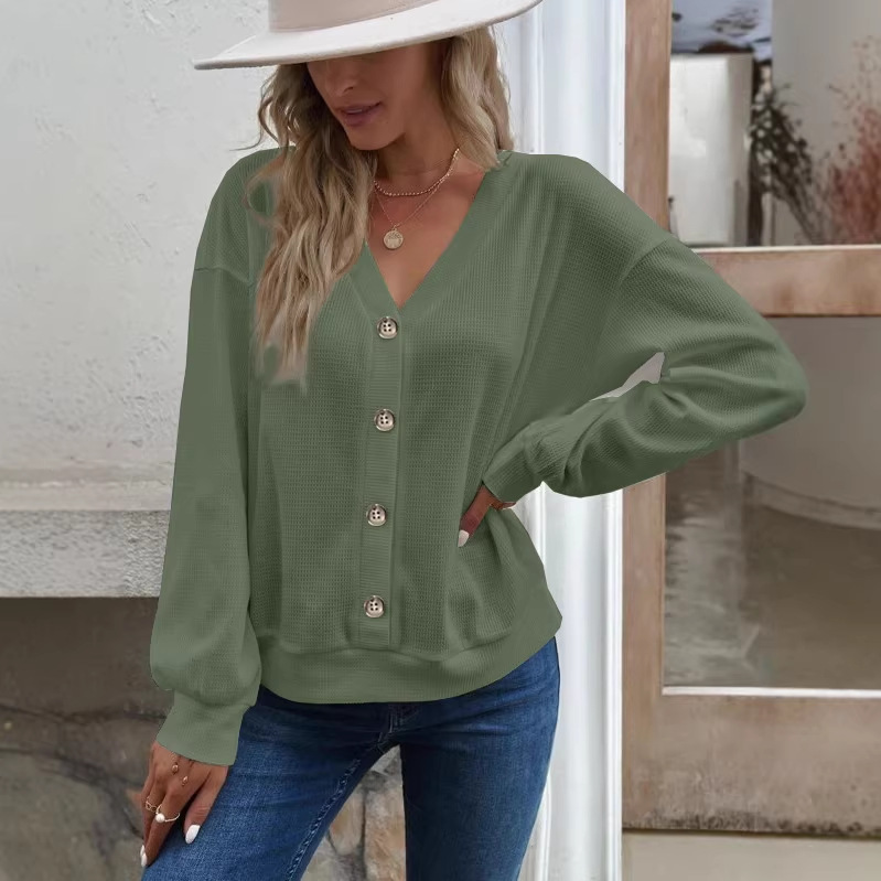Europea y americana transfronteriza 2023 Otoño e Invierno Amazon TEMU Comercio exterior nuevo color sólido botón cuello en V suelta manga larga Camiseta ropa de mujer