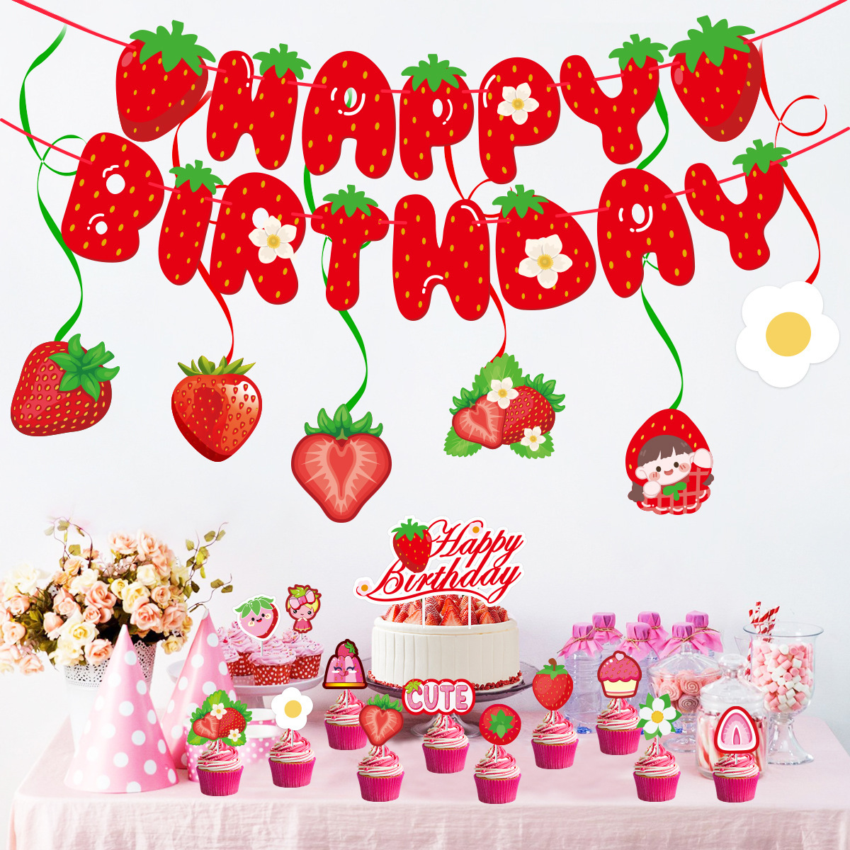 Feliz cumpleaños con tema de fresa set de decoración de fiesta de cumpleaños tarta de bandera espiral de decoración de fiesta