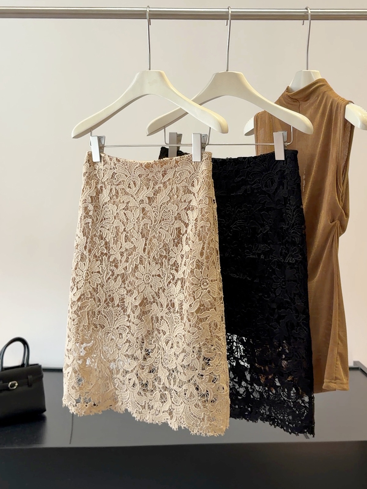 Women's French Lace Midi Skirt, High Waisted A-Line Bodycon Skirt With Elegant Hollow-out Design, Classy Office & Date Skirt_ecoleips.com