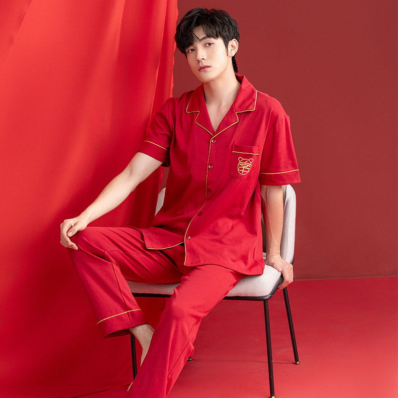 Pijamas de las mujeres verano algodón manga corta media manga Pantalones rojo año nacimiento boda desgaste del hogar verano 2024 Nuevo