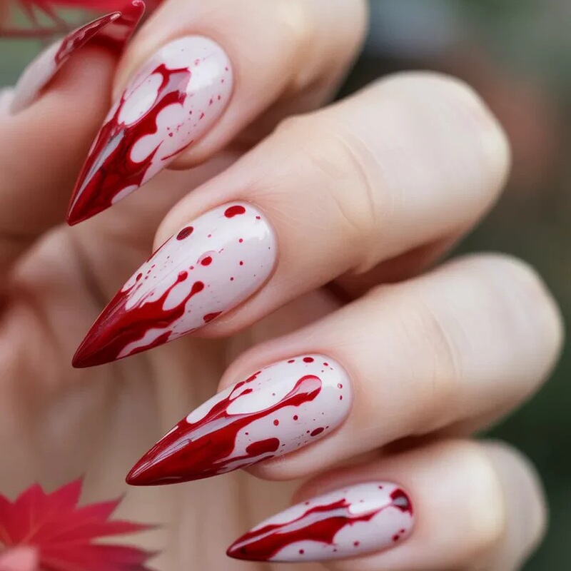 Cross-border Halloween blood-stained gradient almond-shaped pointed nails, hand-painted splatter ink red and white fluid blood-dripping pointed nail tips Cross-border Halloween blood-stained gradient almond-shaped pointed nails, hand-painted splatter ink red and white fluid blood-dripping pointed nail tips