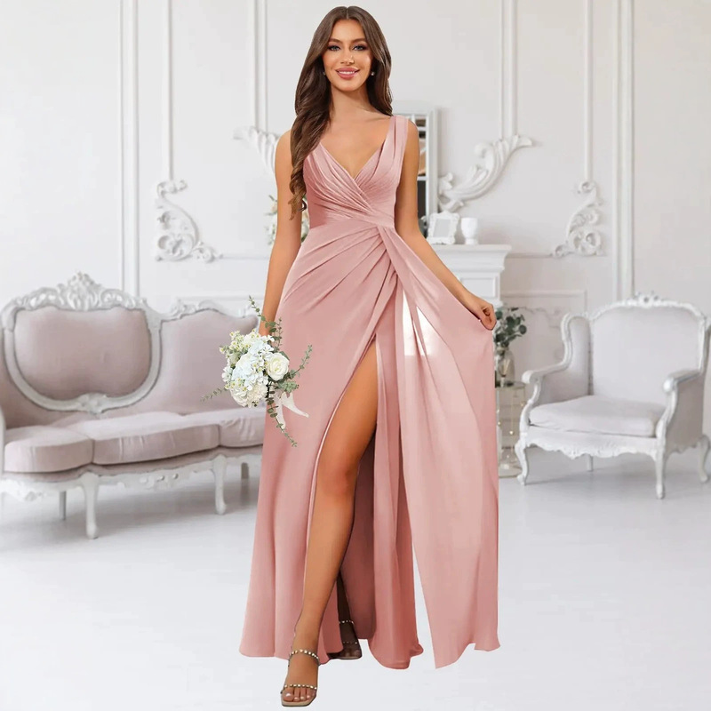 Cross-Border European and American Evening Dress V-Neck Chiffon Bridesmaid Dress 2026 Sleeveless Slit Long Sister Group Dress for Women