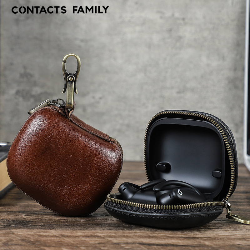 For Apple powerbeats Pro 2 Genuine Leather Bluetooth Headset Protective Case Drop-resistant Hanging Buckle Portable Headset Bag
