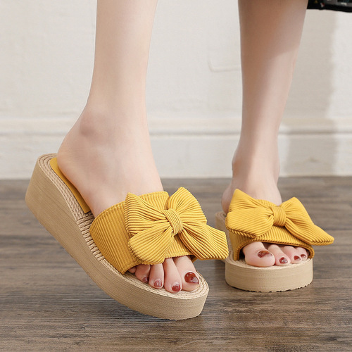Women's 2025 European and American-style Fashionable Thick-Soled Slide Sandals with Elastic Strap, Bow, and Wedge Heel—Perfect for Summer