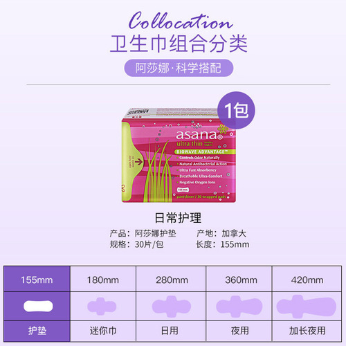 Canada imported Asana sanitary pads (155mm*30 sheets), Chinese general agent, classic ultra-thin series