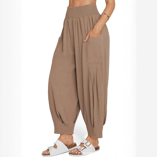 2025 Cross-border Women's Cotton and Linen Bohemian Pants Summer Casual Loose High Waist Workwear Casual Hallen Pants