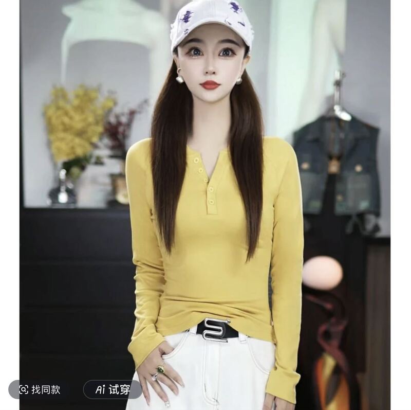 2025早秋小众设计V领纽扣打底衫女修身长袖辣妹显瘦正肩开衫上衣|undefined