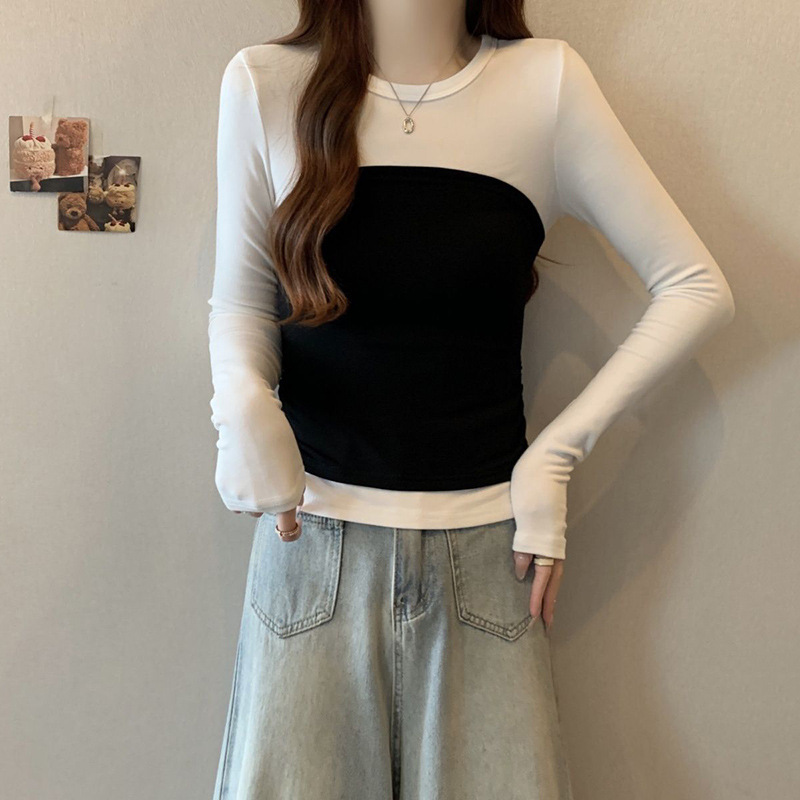 YIDENG设计感撞色长袖T恤女春季新款修身显瘦韩系假两件上衣|undefined
