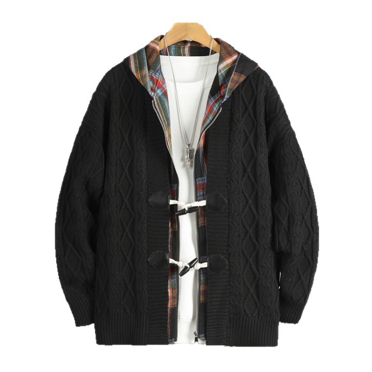 Cardigan de punto a cuadros, camisa de hombre primavera y otoño pesada con sombrero, marca de moda suelta, camisa de costura universitaria