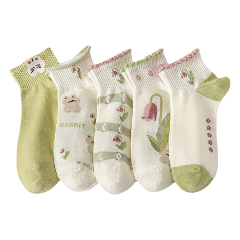 Zhuji Calcetines de tobillo calcetines de algodón peinado fresco verde de las mujeres calcetines cortos ins fábrica al por mayor 2023 Nuevo