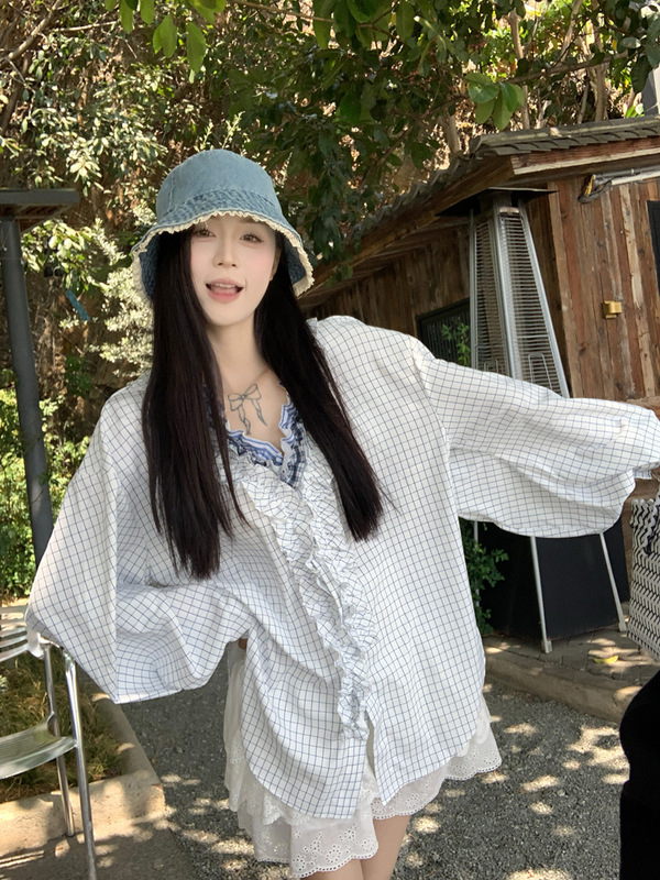 港风层叠木耳边领格子衬衫女2025春夏小众设计感独特绝美长袖上衣|undefined
