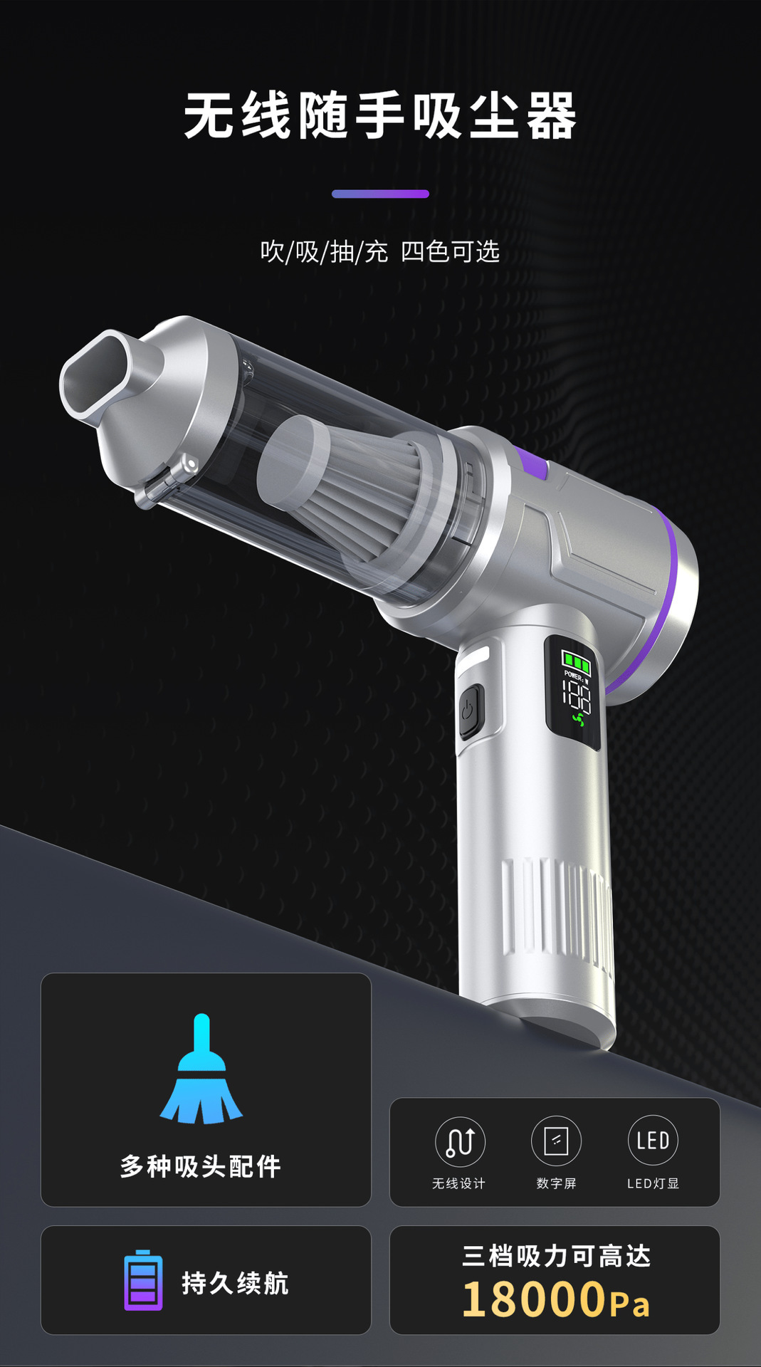 Car Vacuum Cleaner, Small, Portable, Brushless, High-Power, Multi-Functional, Digital Screen, Fast Charging, High Suction Vacuum Cleaner for Car and Home Use