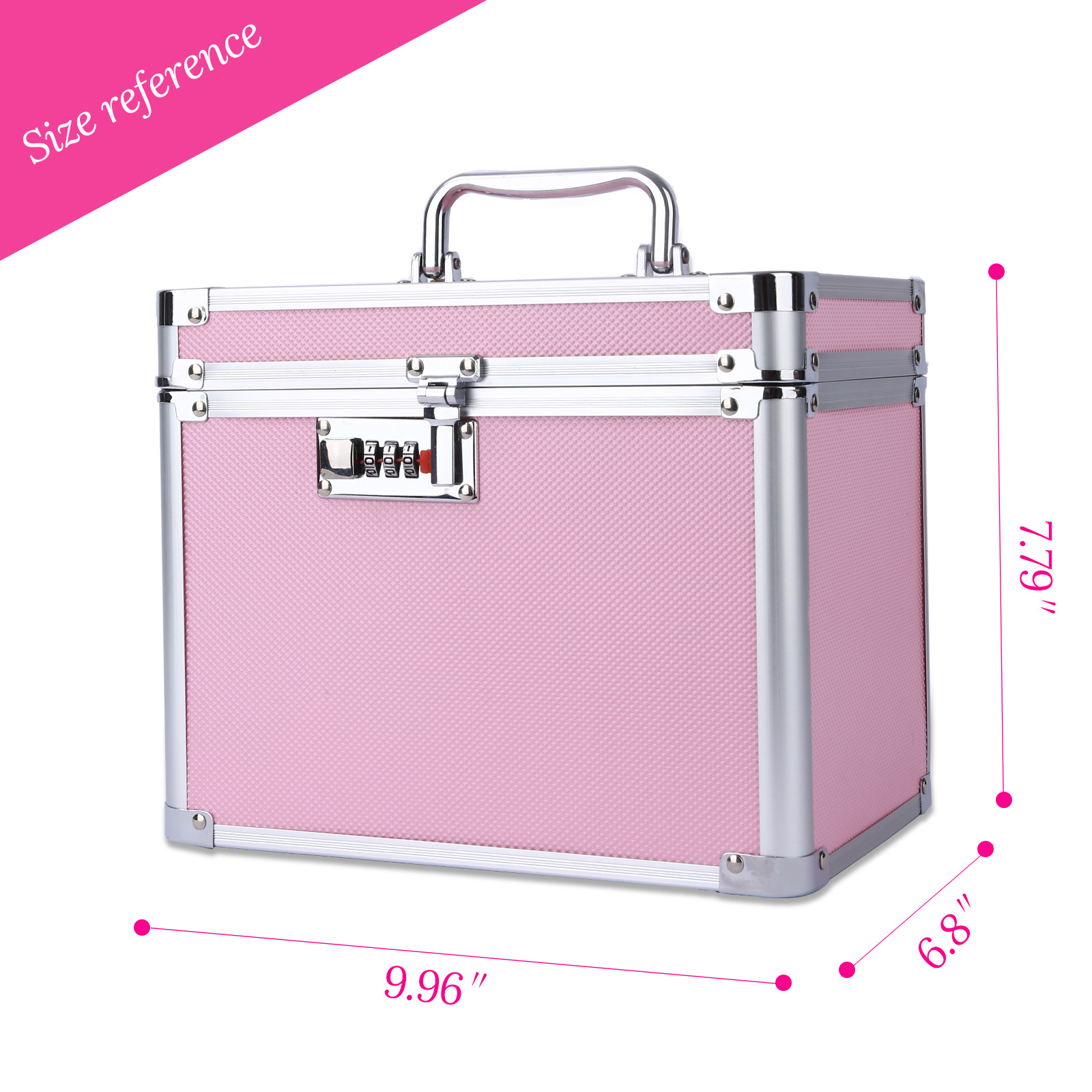 Estuche de cosméticos de aleación de aluminio, juego portátil de una sola pieza de gran capacidad de doble capa con caja de almacenamiento de espejo, bloqueo de contraseña, bolsa de cosméticos