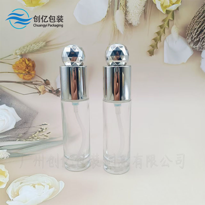 30ml直圆粉底液瓶BB霜隔离分装瓶按压泵圆球顶盖玻璃瓶化妆品包材