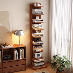 全実木本棚が床に落ちている多層の物置棚のリビングルームの書斎用の狭い棚の簡易本棚は壁に寄りかかって棚の角棚を収納します。