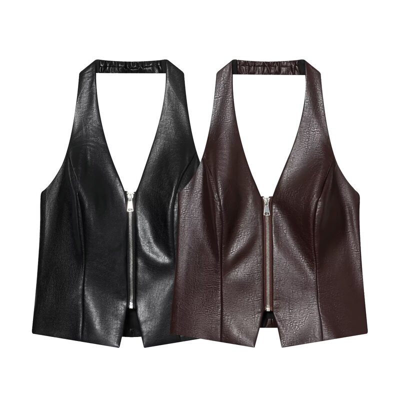6823-25 Winter New Style European and American Style Sexy Backless Patchwork Slim Fit Halter Neck Zipper Leather Top Vest 6823-25 Winter New Style European and American Style Sexy Backless Patchwork Slim Fit Halter Neck Zipper Leather Top Vest