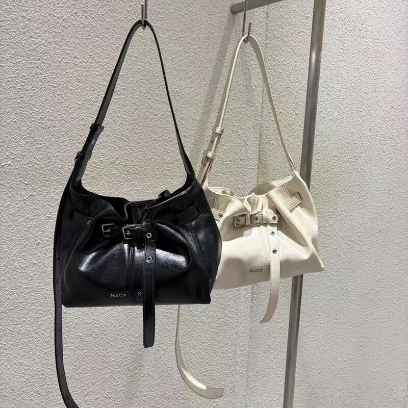 Korean Niche Brand New Matin Kim Pleated Large-Capacity Bucket Bag for Women, Motorcycle Style Shoulder Underarm Crossbody Bag