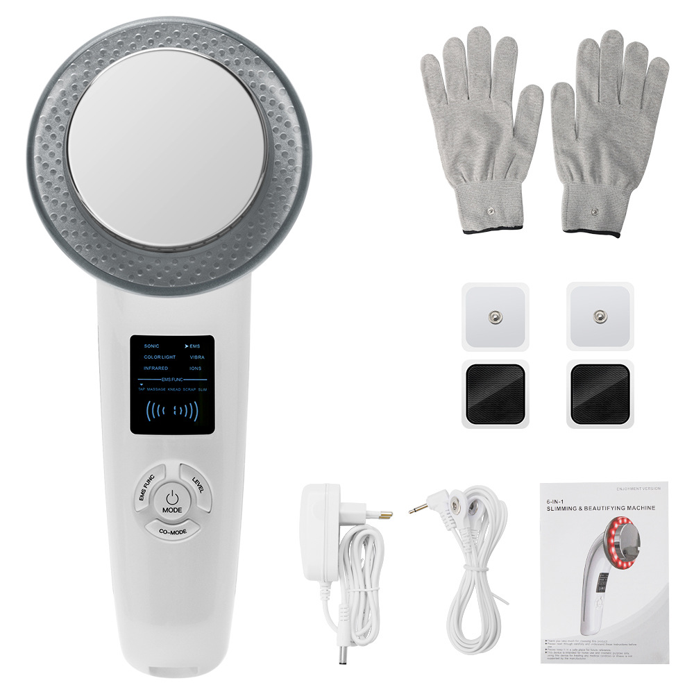 Instrumento de adelgazamiento seis en uno EMS LED color luz vibración masaje que forma instrumento ultrasónico belleza instrumento transfronterizo