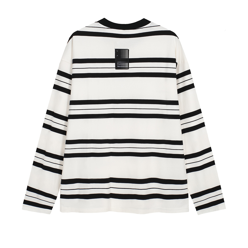 mm6 marca de moda americana de cuello redondo rayas camiseta de manga larga pareja suelta camiseta de base universal camiseta de manga larga color contrastante