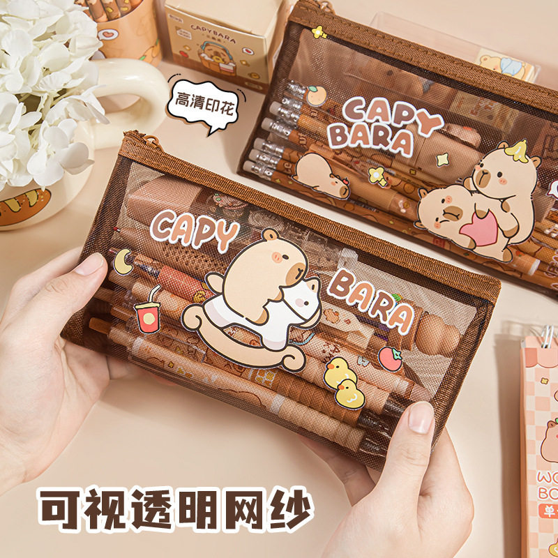 卡皮巴拉网纱笔袋可爱透明大容量铅笔盒高颜值手提小学生文具批发|undefined
