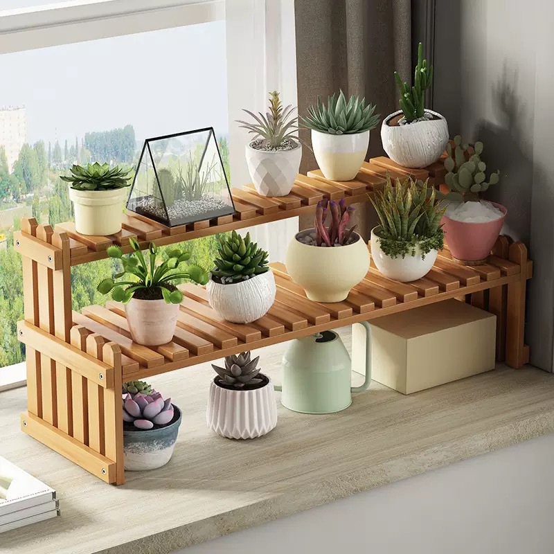 Succulent Plant Stand for Living Room, Floor-Standing Window Sill Shelf, Desktop Bamboo Small Flower Stand, Multi-Layer Ornament Storage Rack