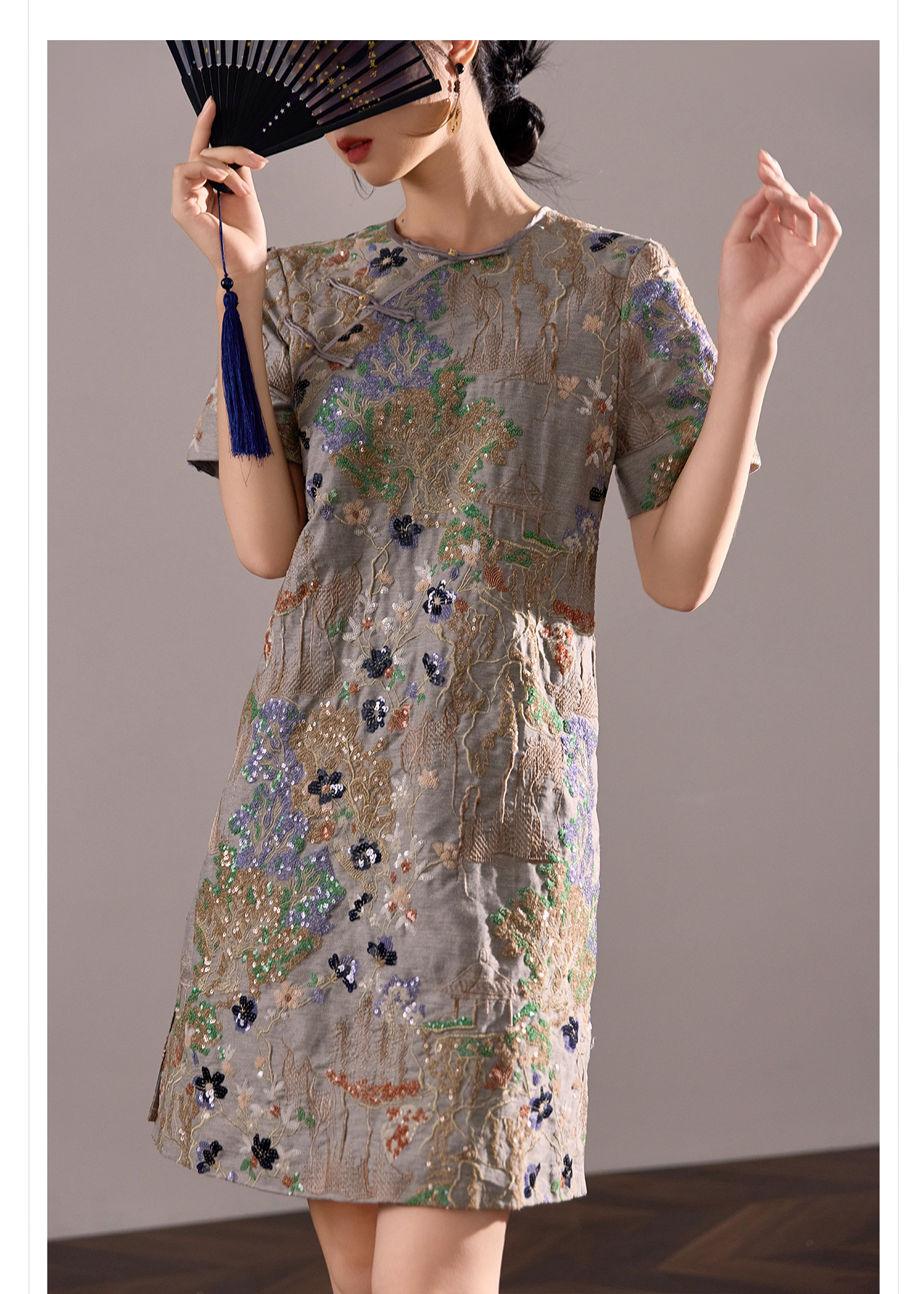 Váy ngắn thêu sequin phong cách Trung Hoa mới mùa hè M4239 — Màu xám chi tiết 12