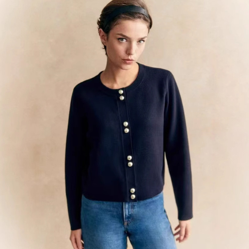 2025 Early Spring New Comfortable Casual silver Double Buckle Wool Knitted Cardigan Women's 2 Color navy blue Stripe